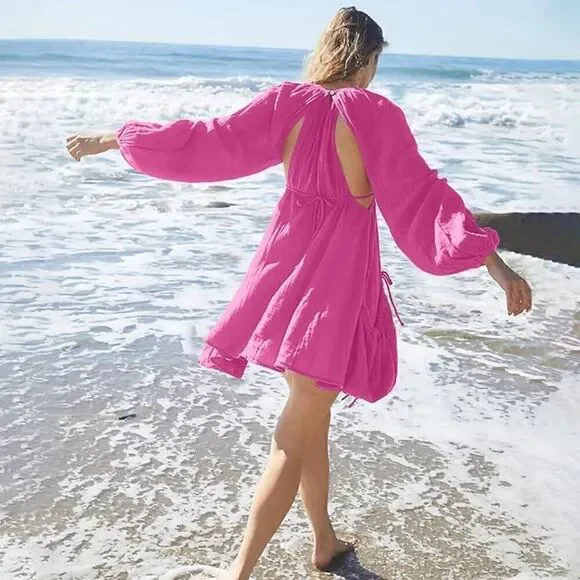 Shiyifa Women's Summer Mini Dress – XS, Square Neck, Long Sleeves, with Pockets - Picture 5 of 5